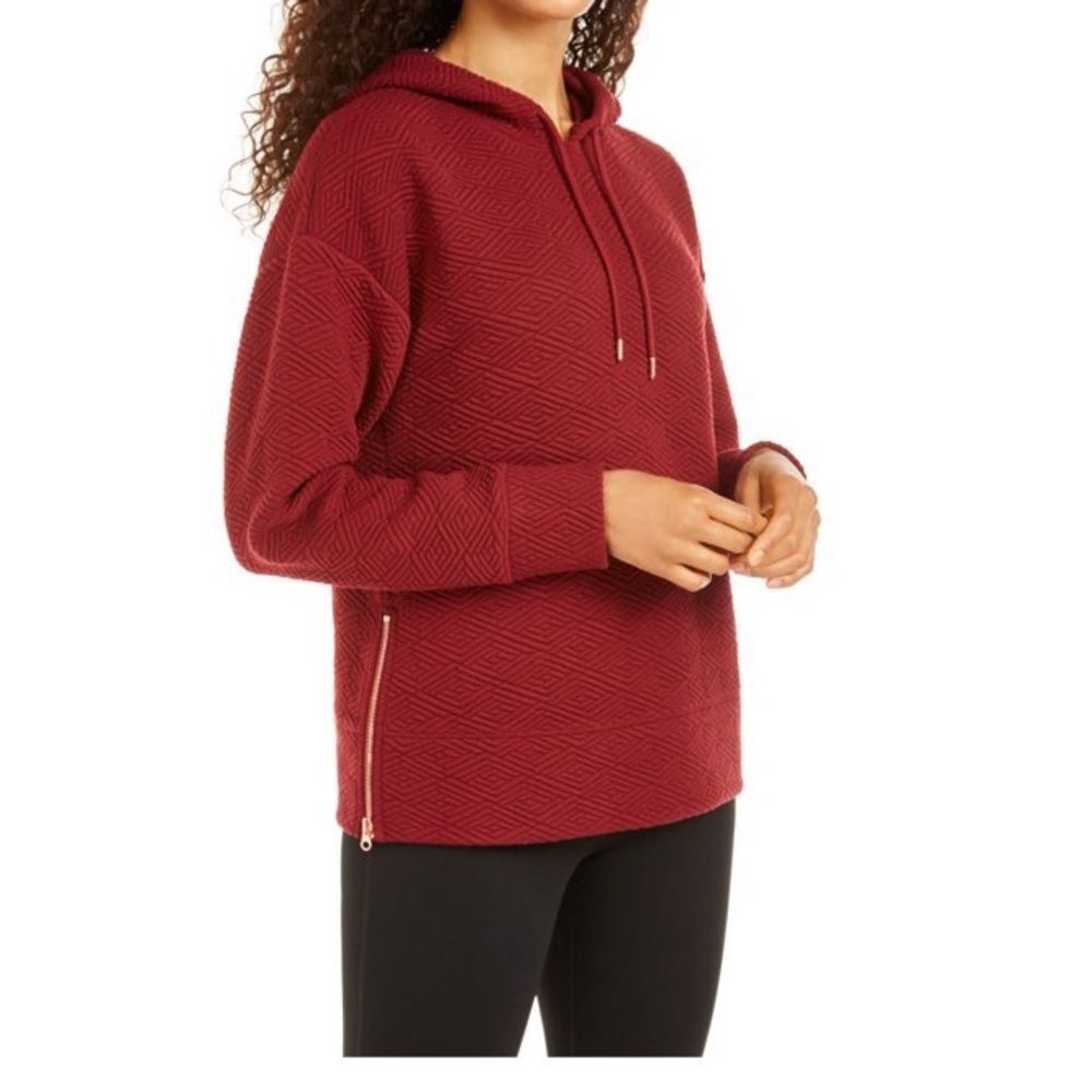 IDEOLOGY Womens Burgundy Zippered Herringbone Long Sleeve Hooded Hoodie Sweater